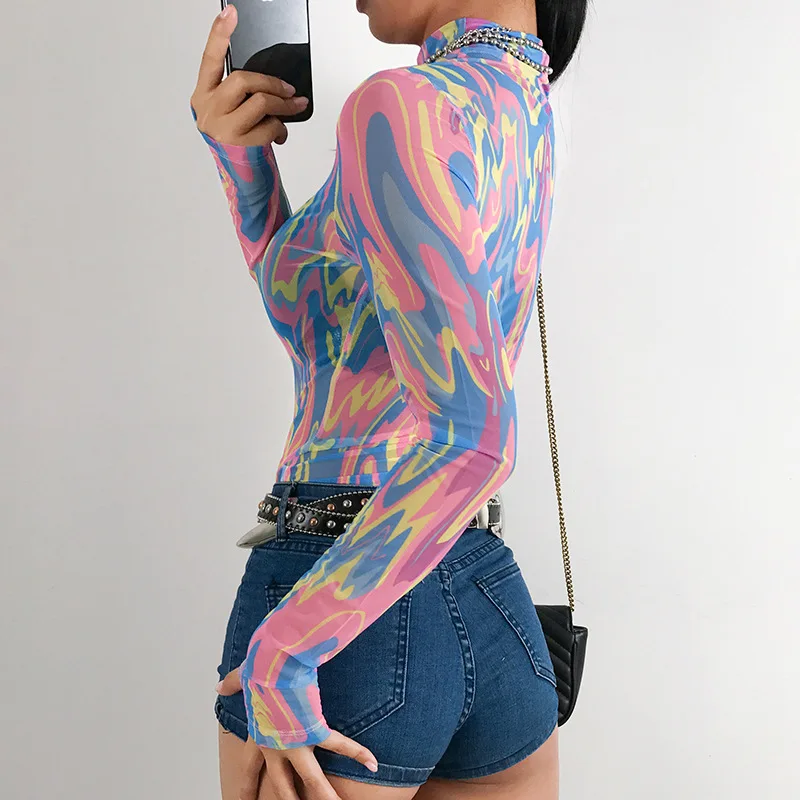 Женский сексуальный прозрачный Многоцветный комбинезон с высоким воротом