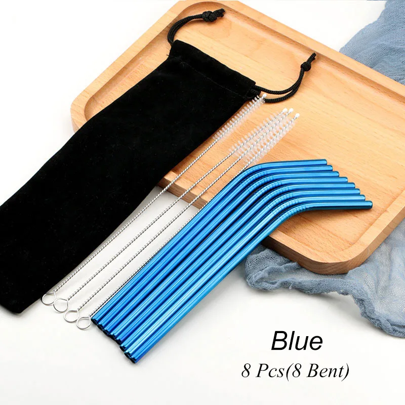 02 Bend Blue 8 шт многоразовые соломинки из нержавеющей стали для питья Металлические Прямые изогнутые соломинки из нержавеющей стали с чистящей щеткой вечерние аксессуары для бара - Цвет: 02 Bend Blue