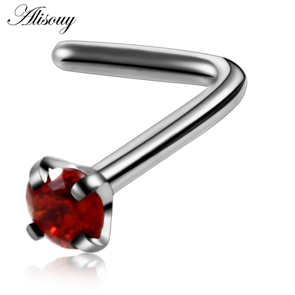 Silver Red CZ Alisouy 20 г маленький нос шпильки для пирсинга L Форма Нос Кольца, титановые, стальные 316L циркониевый камень кубической формы, бижутерия для пирсинга, для Для женщин - Окраска металла: Silver Red CZ