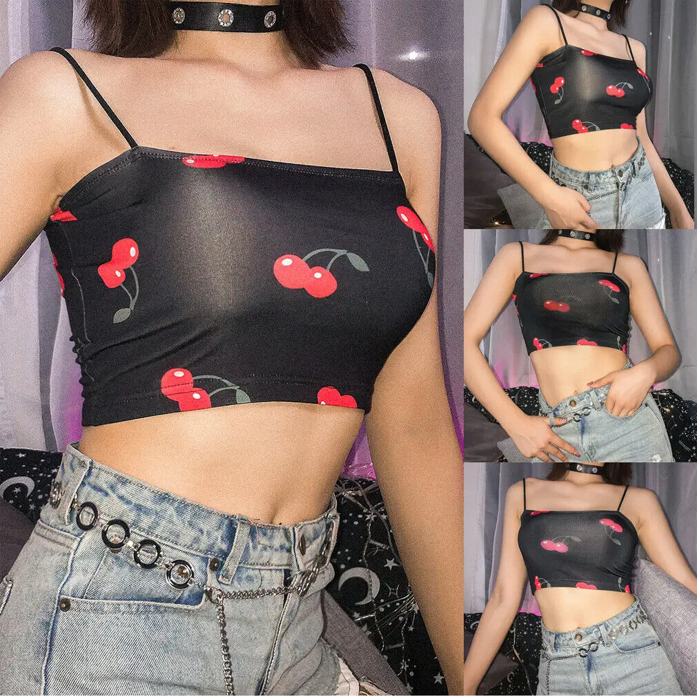 Женский короткий топ с принтом вишни повседневный черный на бретельках летняя