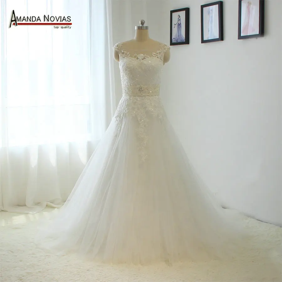 Аманда Novias Кепки рукавом-line Кружево Аппликация Кристалл Пояс кушак свадебное платье