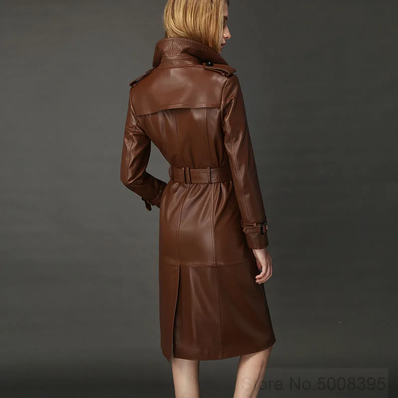 Женский тренчкот из натуральной кожи классический шкуры ягненка с отложным