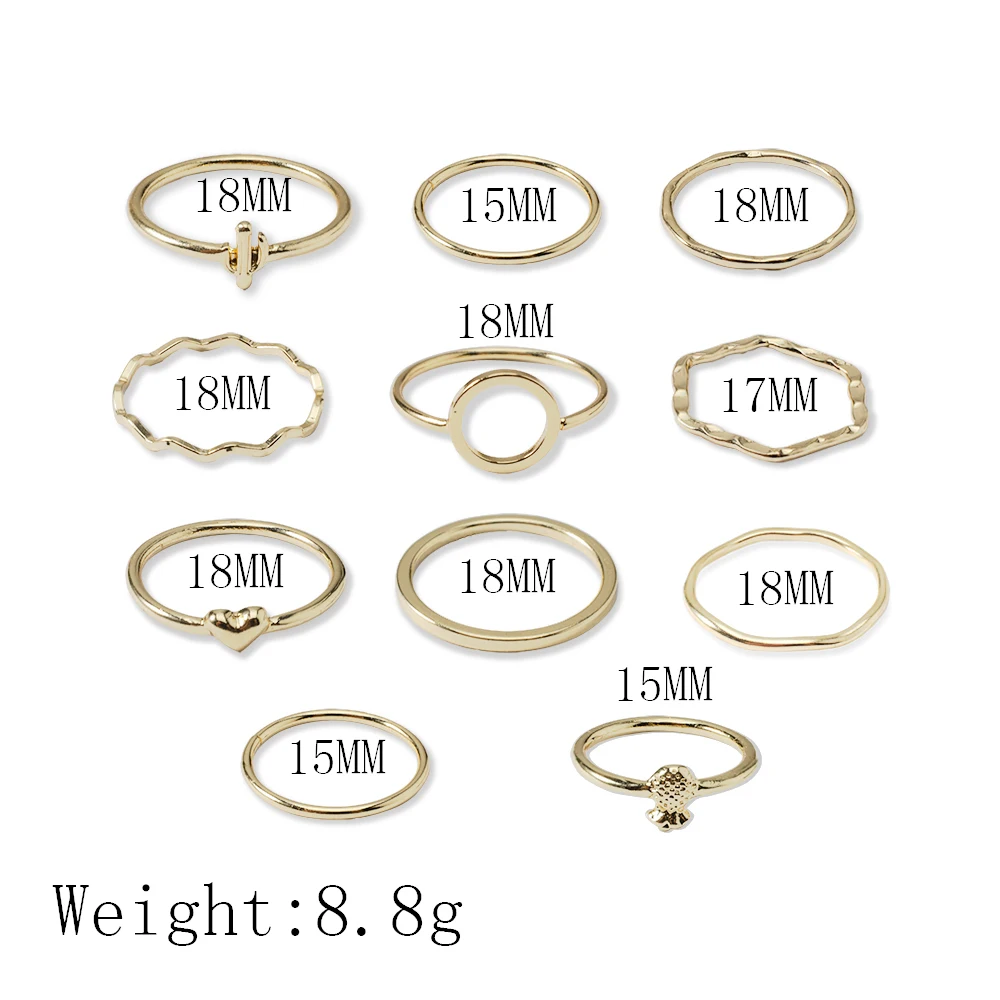 Sindlan 11PCs Simple Thin Rings Gold Geometric Cactus Heart Pineapple Rings for Women Fashion Finger Ring Jewelry Party Gift