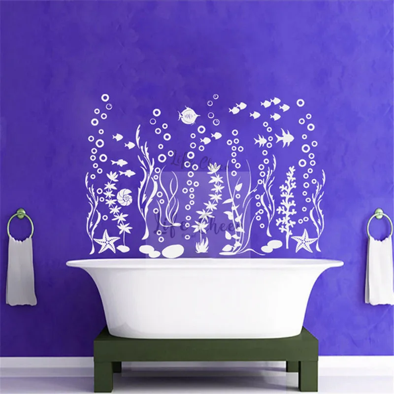 

Bathroom Vinyl Wall Sticker Satrfish Sea Grass Removable Wall Decals Sea Animals With Bubble Wall Mural Ocean World Art AC058