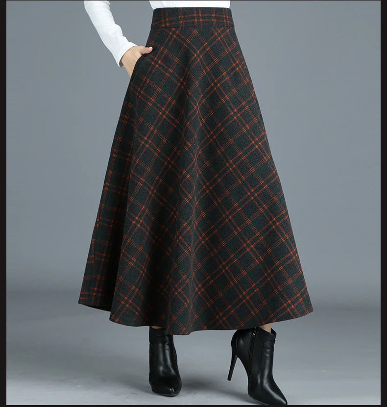 S-4XL New Women's Wool Blends Skirts Winter Autumn Fashion Elegant Printed Plaid Thicken Slim Medium Length Skirt Female