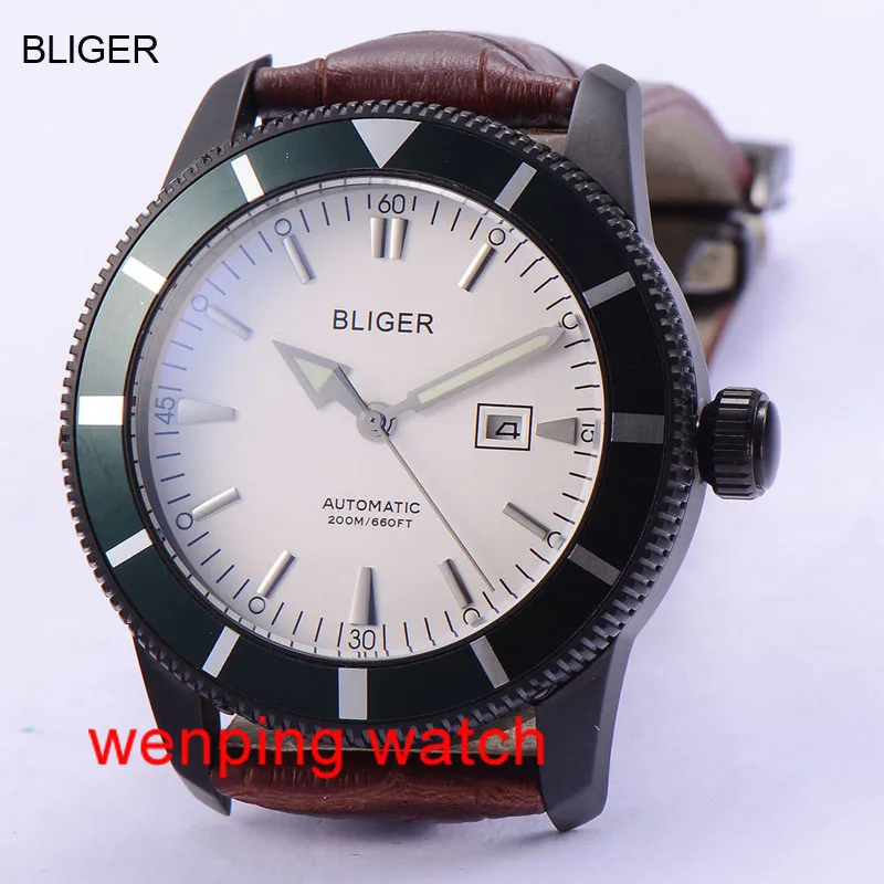 

Bliger Watch 46mm bezel white dial with Silver nail date Stainless steel black case Movement Automatic Mens 1790