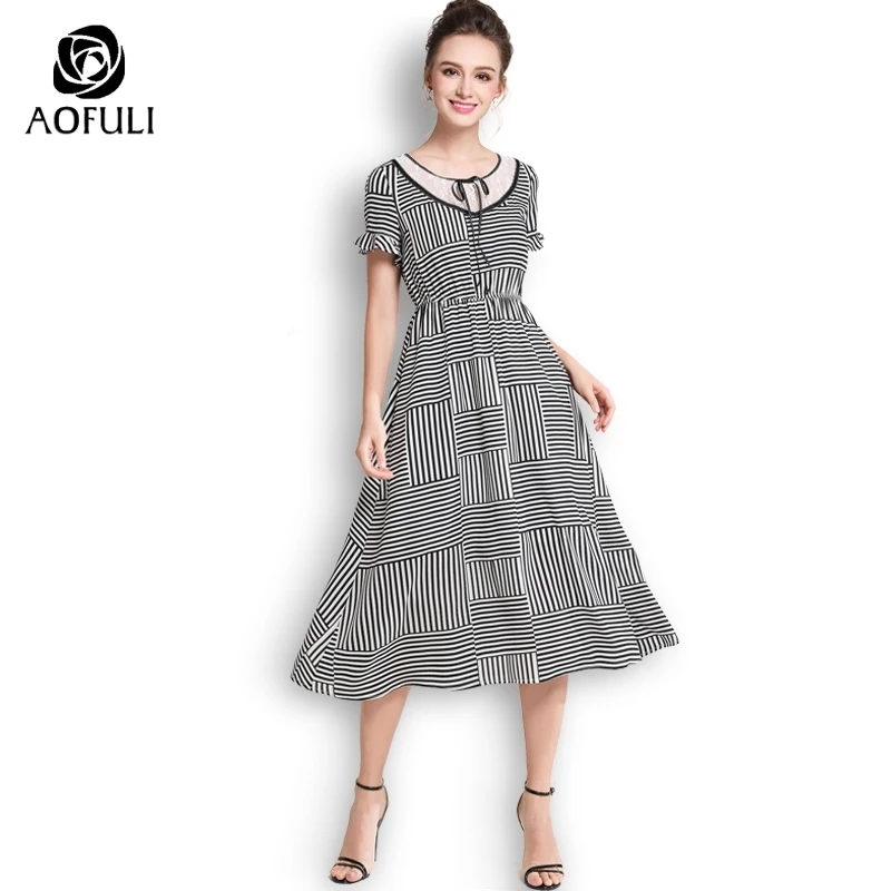 Размер-XL размера плюс размер платье в черно-белую полоску летнее до середины икры