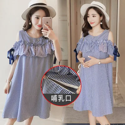 

Strapless Mother Dress Women Pregnant Maternity Nursing Striped Breastfeeding Dress Summer Maternity Dress Women Clothing