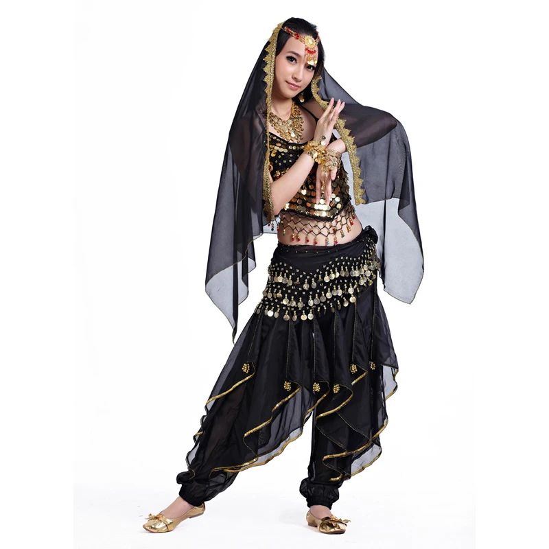 Belly Dance Costumes Set beaded bell tank top+sequins rotating pants+coins hip scarf+head chain+head scarf 5pcs full set SF70 |