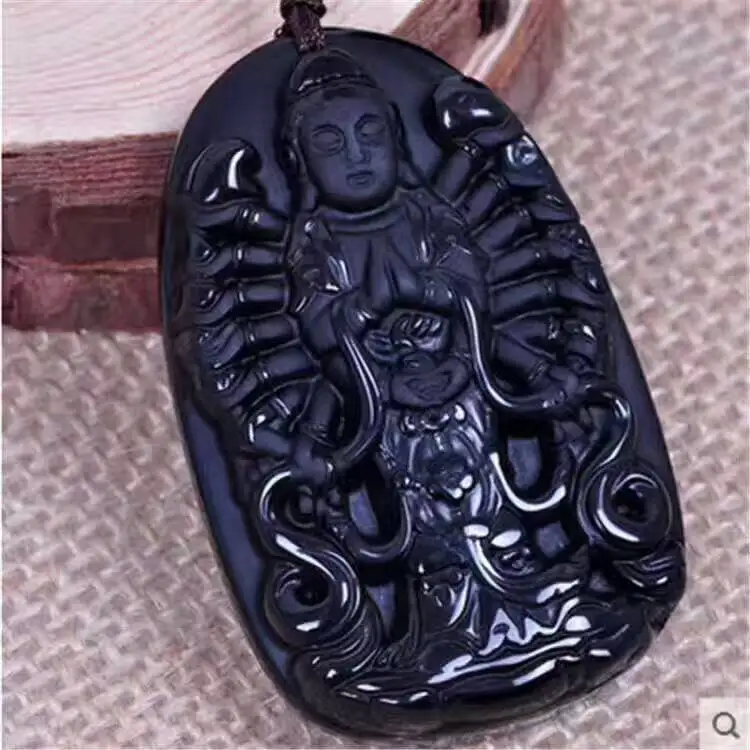 Ручная работа одна тысяча ручных Guanyin Подвеска из черного обсидиана для