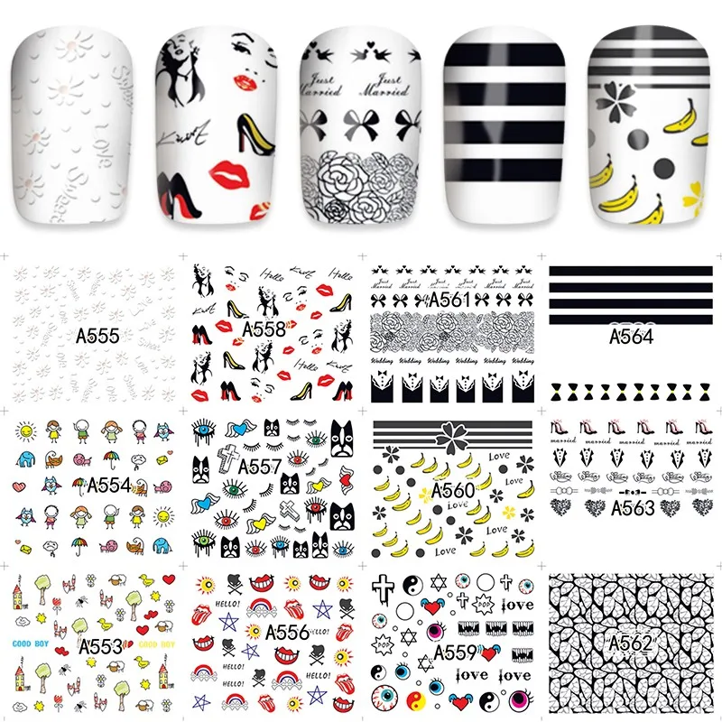 

2018 модные 12 листов, переводятся с помощью воды Nail Art Наклейки уникальный узор виниловые наклейки на стену с рисунком "украшения DIY A553-564
