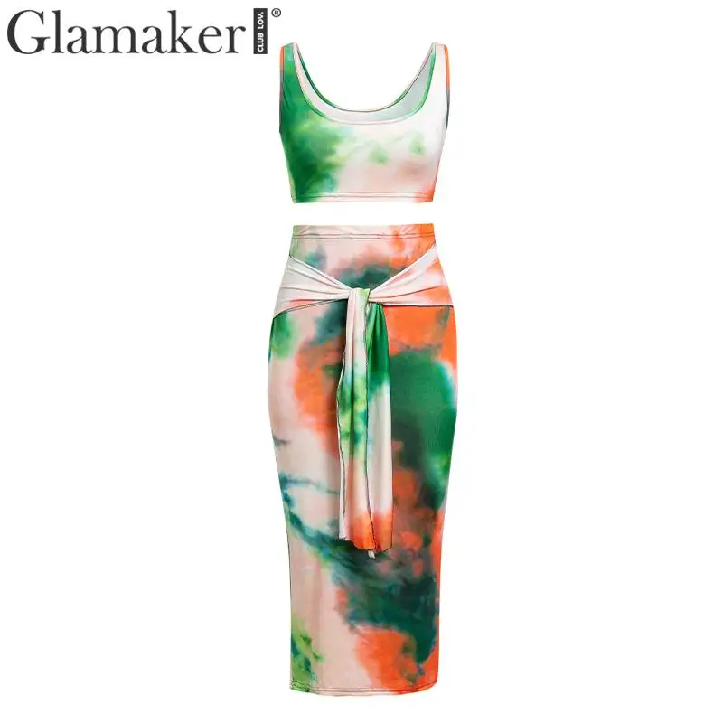Glamaker, сексуальный галстук, окрашенный принт, костюм из двух частей, платье миди, женское, без рукавов, Бандажное платье, летнее, бодикон, вечерние, для клуба, элегантное платье