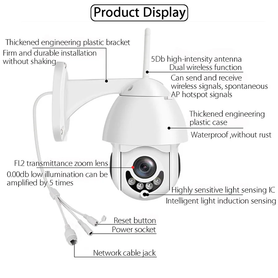 Sgooway Открытый водонепроницаемый WiFi PTZ Pan Tilt 1080P HD Безопасности IP IR камера ночного видения