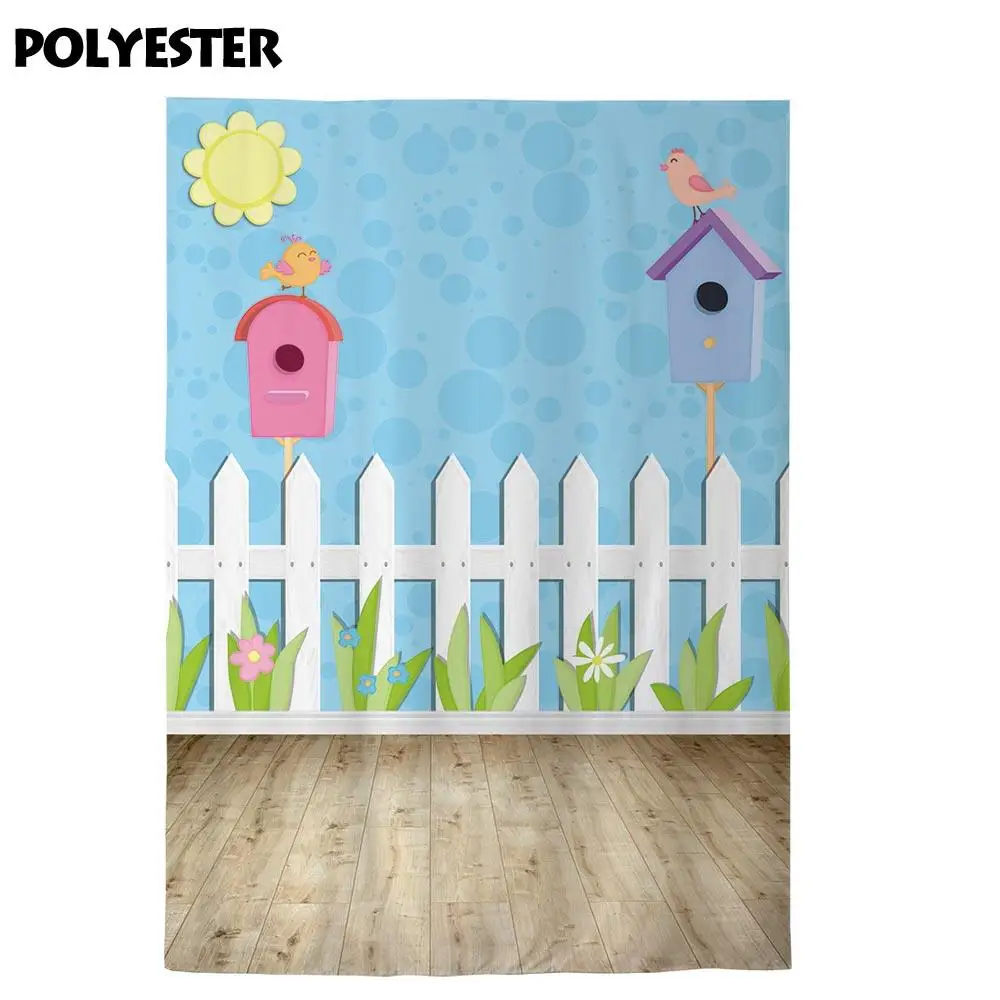 Allenjoy photography background cartoon fence mailbox bird wood baby spring photo studio backdrops photocall camera photophone |