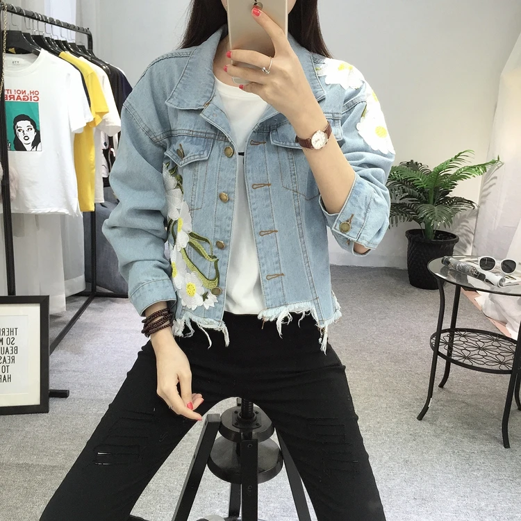 2017 Новая мода поступление Для женщин Вышивка Джинсовые куртки Винтаж