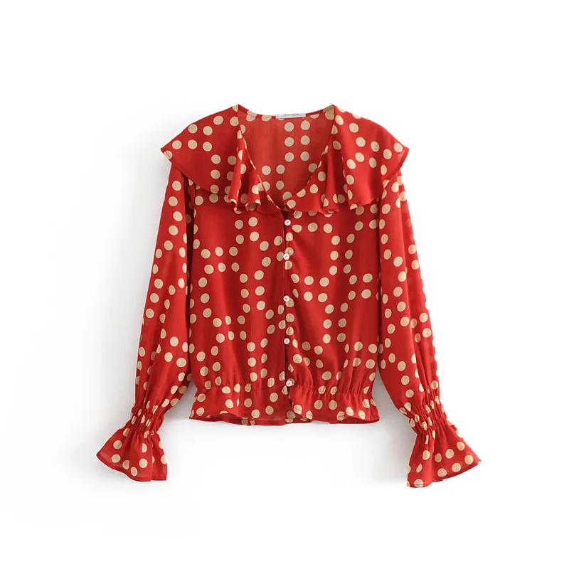 new women vintage polka dots print casual ruffles blouse shirts sweet long sleeve buttons chemise chic blusas tops LS3502 |
