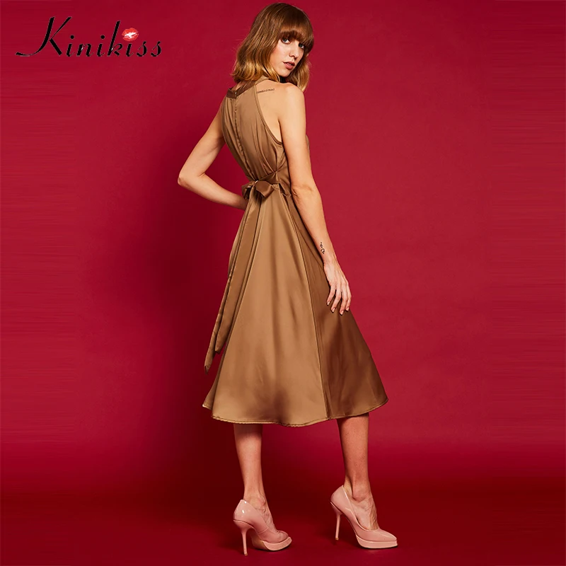 Kinikiss/женское элегантное атласное платье с бретелькой на шее открытые