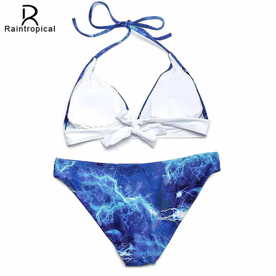 Raintropical 2018 Sexy Women Swimsuit Bikini Set Halter Print Retro Backless Bathing Suits Swim Wear Patchwork Swimwear |