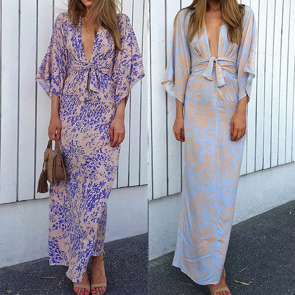 Новые женские летние Boho Цветочные v-образным вырезом с ремешками 3/4 рукав длинные макси платье для вечеринки пляжный Сарафан