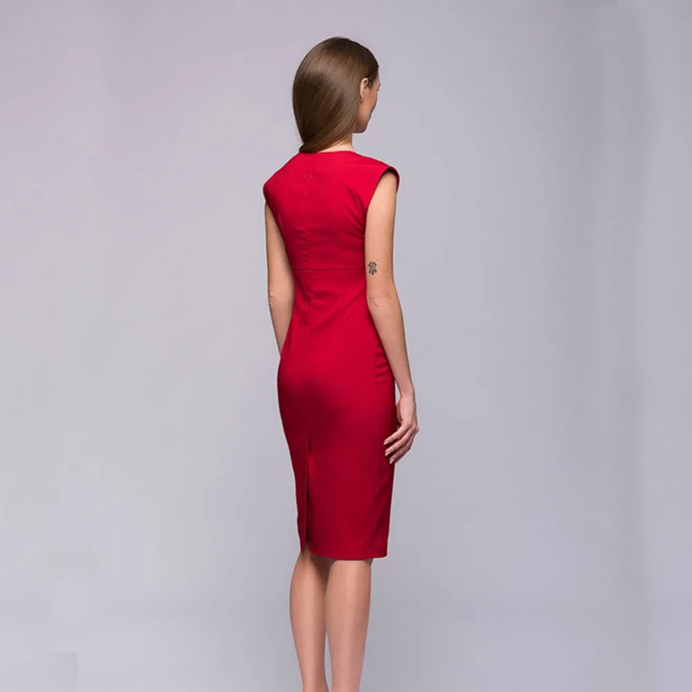 Винтаж Женские Элегантные рукавов Глубокий v-образный вырез сплошной до колена