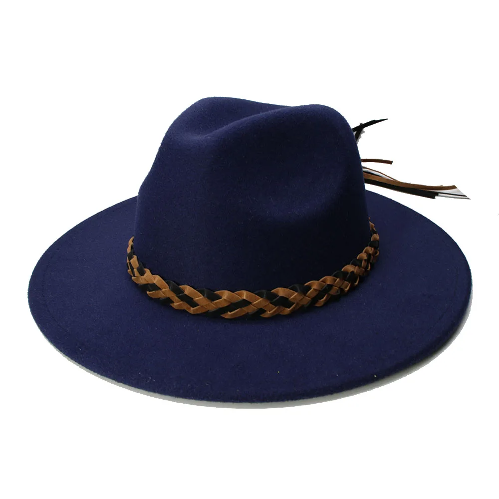 

LUCKYLIANJI Retro Women Men Vintage 100% Wool Wide Brim Cap Fedora Panama Jazz Bowler Hat Knit Leather Band (57cm/adjust)