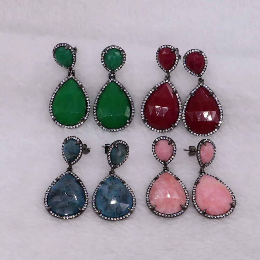 3 пары граненых камней в форме капли воды разные цвета Висячие серьги Темный