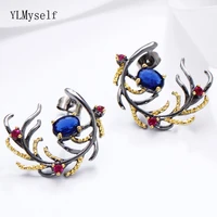 charming beautiful leaf earring blue rose color stones crystal cz black gun plated jewelry accessories bohemia big earrings