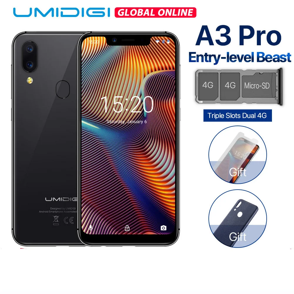 UMIDIGI A3 Pro Глобальный Band 5 7 &quot19:9 весь смартфон 3 GB + 32 Quad core Android 8 1 12MP 5MP Face Unlock двойной