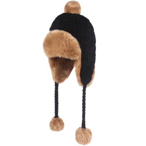 Style 2 Black HT2206 Толстая теплая зимняя шапка, женская шапка с ушками, шапка с кроличьим мехом, женские вязаные русские шапки с косами, ветрозащитная Лыжная Шапка-ушанка - Цвет: Style 2 Black