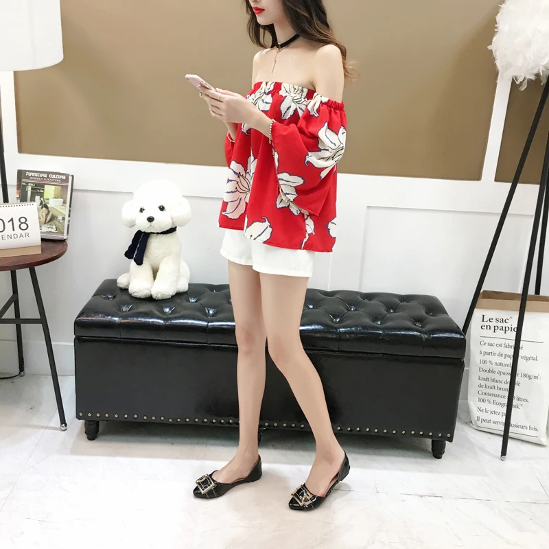 

Women Slash Neck Bat Sleeve Spring Sexy High Street Blouse Sweet Girl Flower Long Sleeve Tops Holiday Casual Vintage Shirts Tops