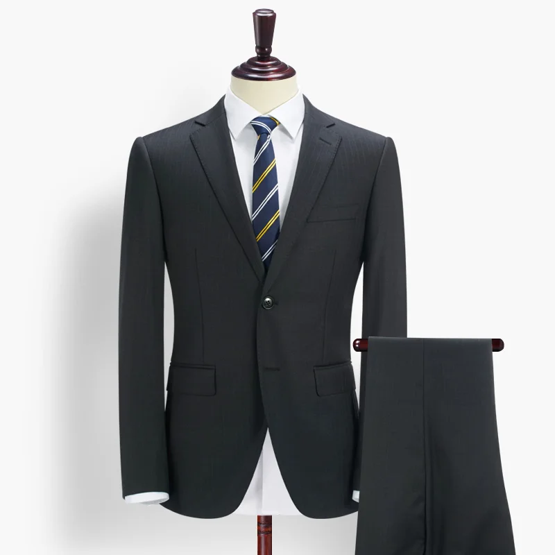 

Brand men clothing2016men groom suits set for wedding 95%Wool black striped single breasted suit coat+suit pant business tuxedo