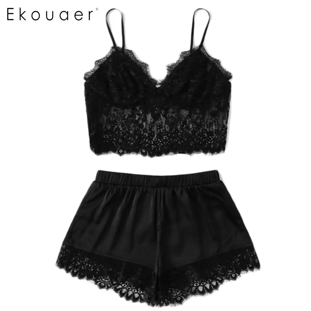 black Ekouaer, сексуальная пижама, набор, женское летнее белье, одежда для сна, v-образный вырез, без рукавов, кружевная, с цветочным рисунком, на бретельках, Cami, топы, шорты, Пижама - Цвет: black