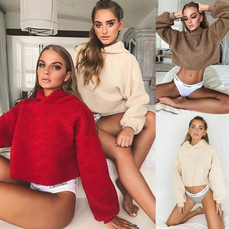 Для женщин с капюшоном ягнят шерстяные худи Осень Теплые уличные женские