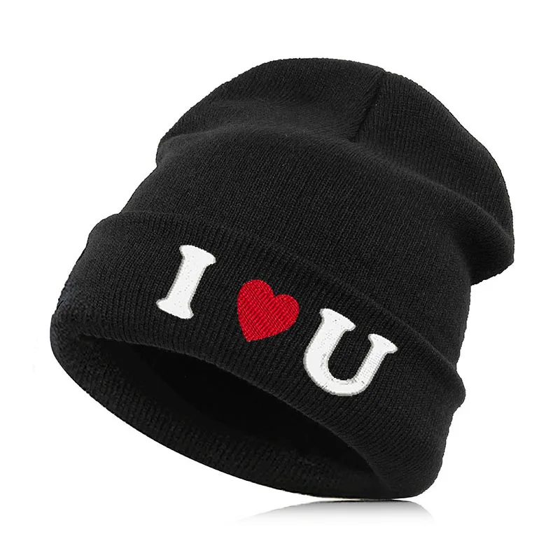 I LOVE U Beanie шляпа Skullie шапка, вязаная шапка-носок зима-осень вышивка лозунг девиз слова в стиле панк Для мужчин Для женщин для мальчиков и девочек для уличных танцев - Цвет: I LOVE U