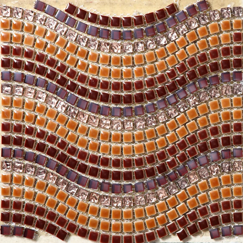 

brown yellow tea color wave shaped ceramic mixed electroplating crystal glass mosaic for courtyard bathroom bedroom floor wall