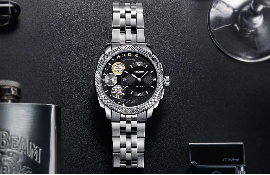 MEGIR Smart Quartz Watches for Men Fashion Casual Analogue Waterproof Wristwatch with Decorative Mechanical Movement 2091BKBN