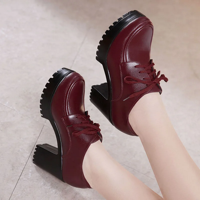 Женские Кожаные Туфли оксфорды на блочном каблуке туфли лодочки платформе с
