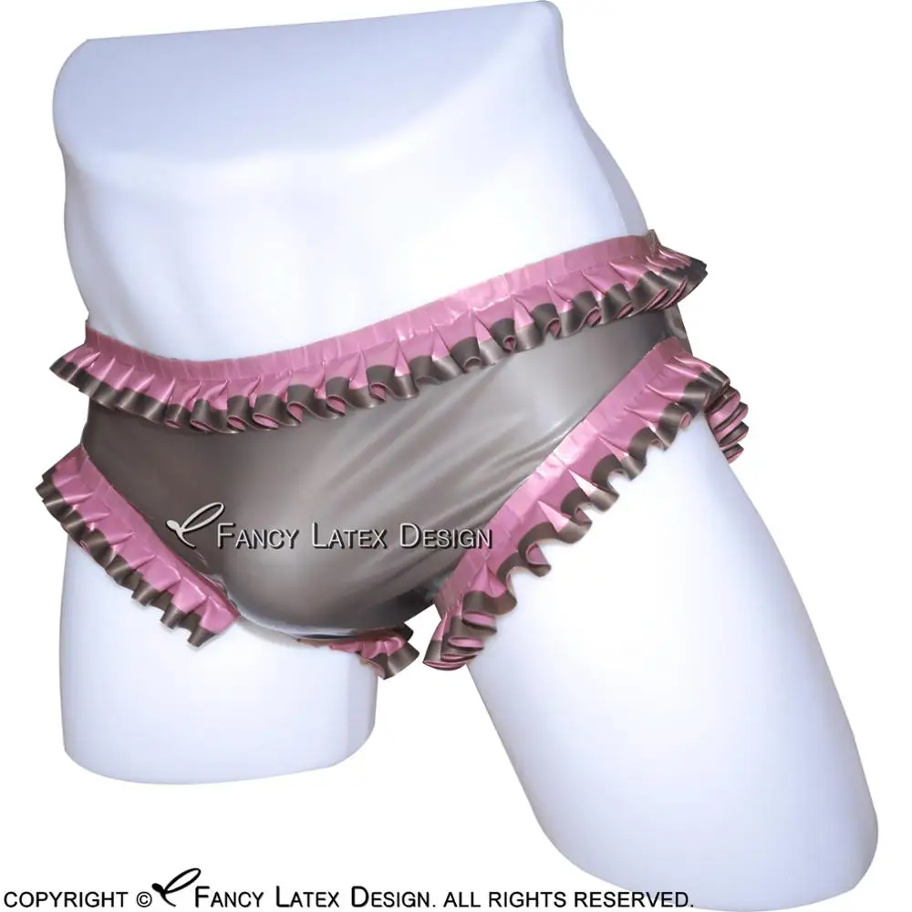 Transparent Black And Metallic Pink Sexy Latex Briefs With Ruffles Frills Rubber Panties Shorts Underpants Underwear DK-0055