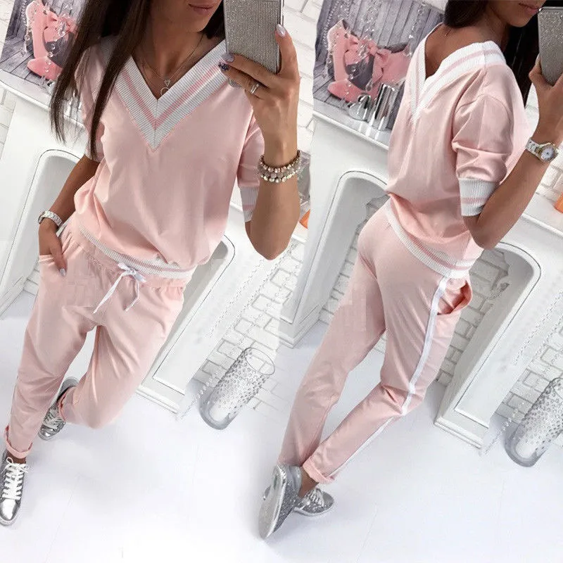 Женский спортивный костюм из 2 предметов повседневный в полоску с v образным