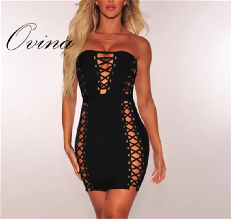 

Black Celebrity Strapless Sleeveless Lace Up Mini Rayon Bandage Dress Night Party Dress