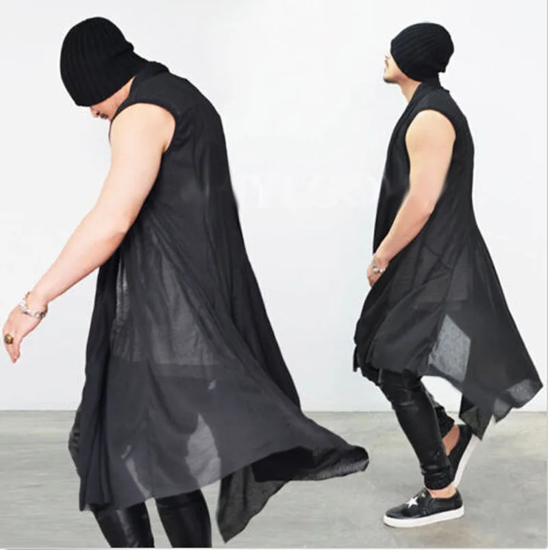 

Trendy Avant-garde Dark Edge Mens Long Length See-through Black Cardigan Vest Mens Sleeveless Cloak Tops Mens Nightclub Clothing
