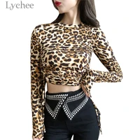 lychee trendy leopard lace up women t shirt long sleeve o neck female t shirt casual slim tee top