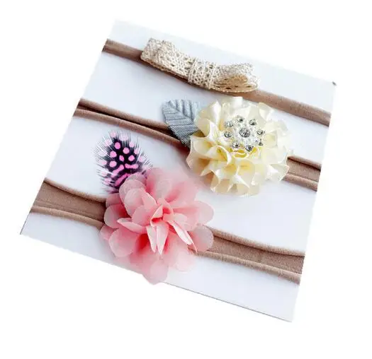 

3pcs/set Newborn Headwear Kids Flower Headband Pink Lace Hair Bands Rhinestone Feather Headband Hair Accessories