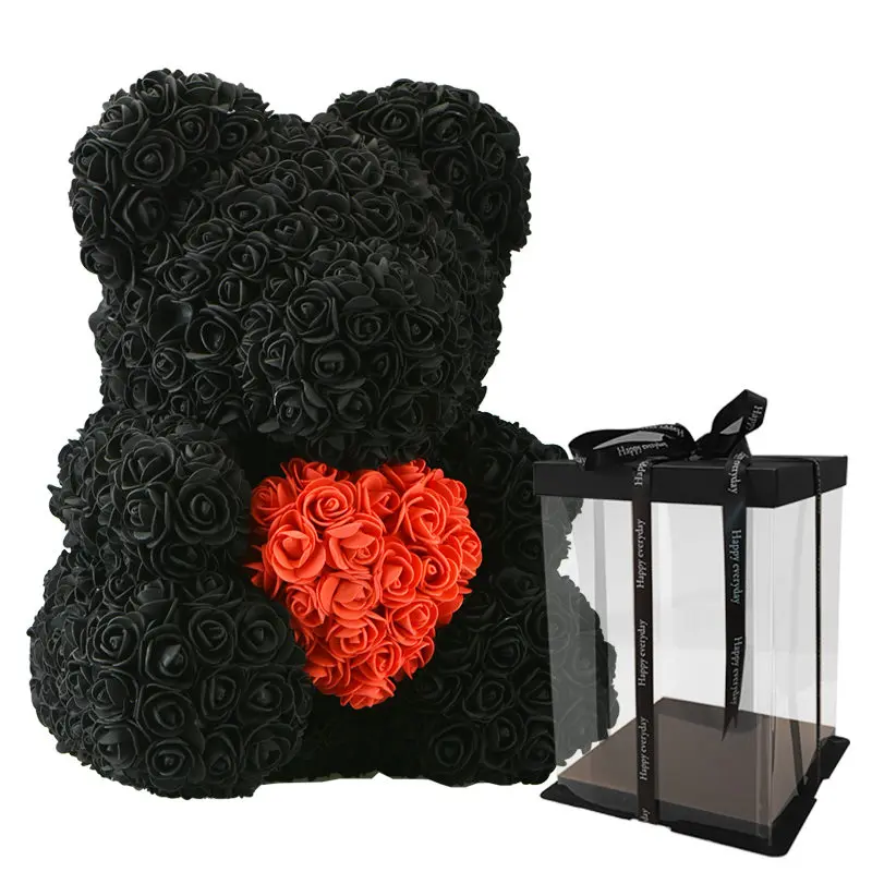black red box Хит, 38 см, искусственные цветы в виде медведя черной розы для дома, свадьбы, фестиваля, сделай сам, подарки для влюбленных, Дешевые Свадебные украшения - Цвет: black red box