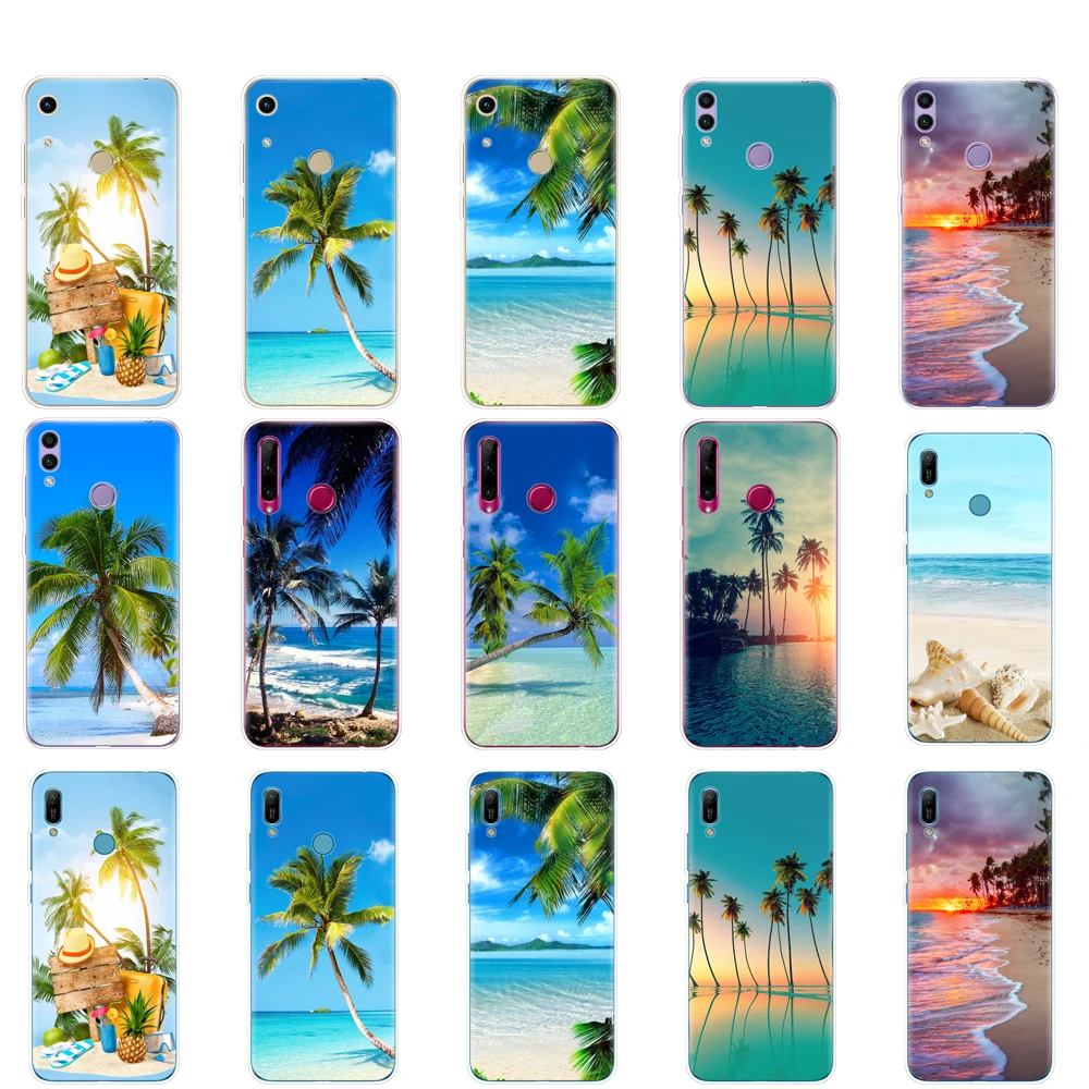 

Case For Huawei Honor 8A PRO 8C 8X 10 i play case cover for Y5 Y6 Y7 Y9 2019 pro Prime summer Beach Scene Sunset sea Palm Tree