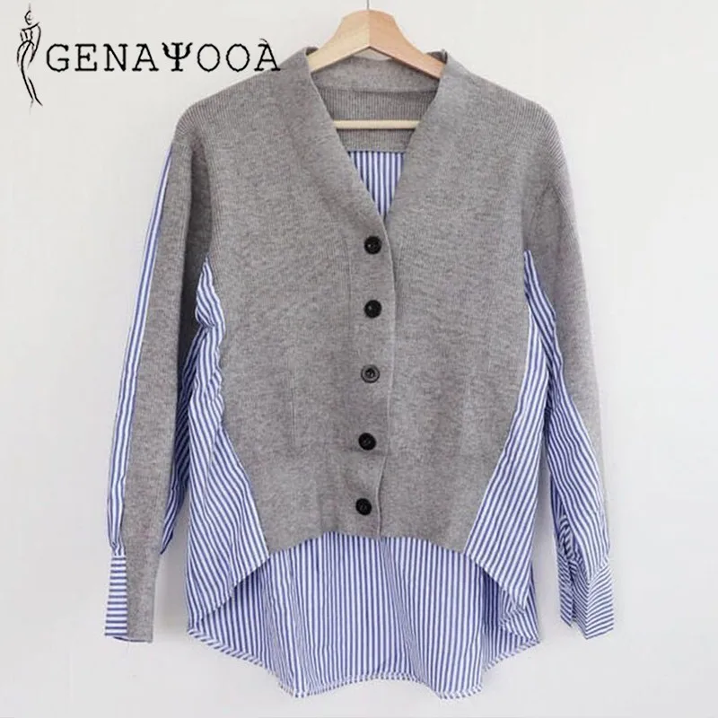 

Genayooa Womens Tops And Blouses 2019 Knitted Casual Long Sleeve Shirt Women Stripes V Neck Patchwork Blouses Korean Style