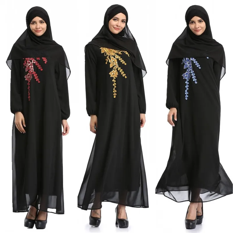 Женское мусульманское шифоновое платье с вышивкой и длинным рукавом Jilbab