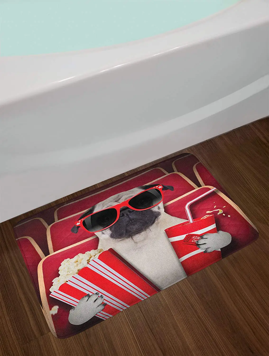 Pug Bath Mat Funny Dog Watching Movie Popcorn Soft Drink and Glasses Animal Photograph Print Plush Bathroom | Дом и сад