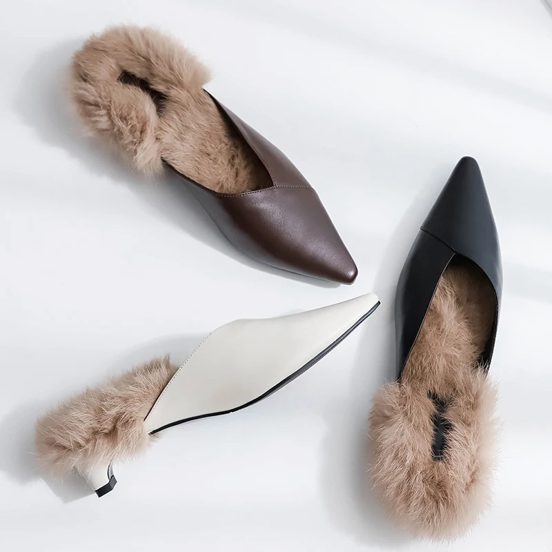 Women's genuine leather warm plush slip-on mules autumn pointed toe high heels leisure dress pumps quality shoes for women | Обувь
