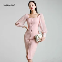 2022 spring women pink pencil dress long puff sleeve square collar knee length elegant office dress autumn club dresses vestidos